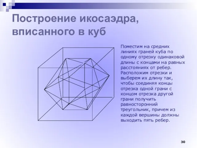 Построение икосаэдра, вписанного в куб Поместим на средних линиях граней куба