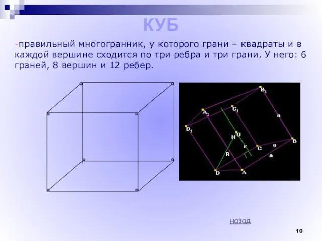 КУБ -правильный многогранник, у которого грани – квадраты и в каждой