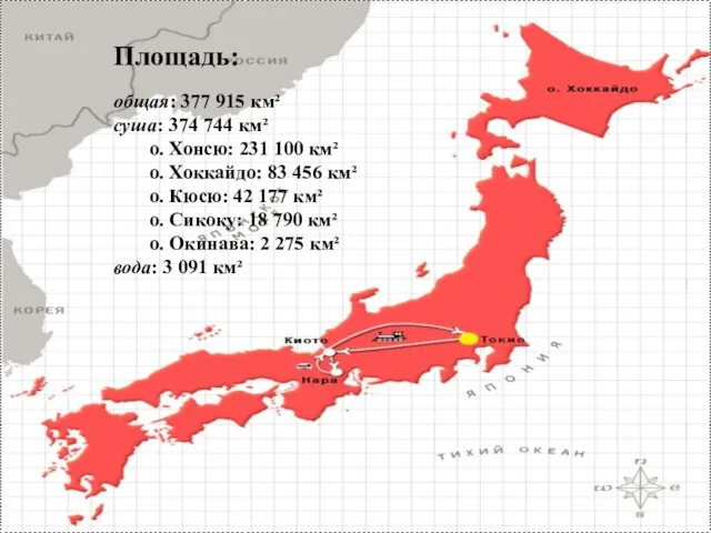 Площадь: общая: 377 915 км² суша: 374 744 км² о. Хонсю: