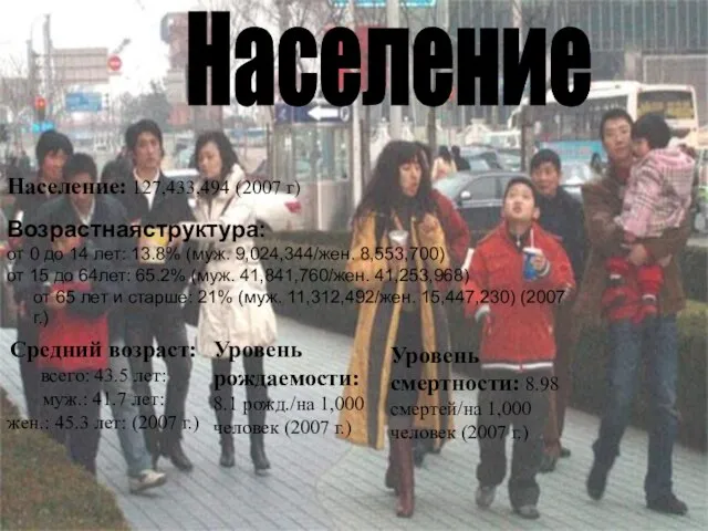 Население: 127,433,494 (2007 г) Население Население: 127,433,494 (2007 г) Средний возраст: