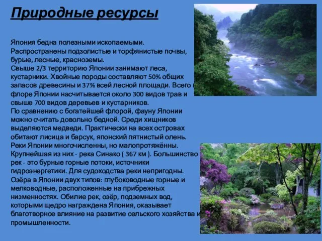 Природные ресурсы Япония бедна полезными ископаемыми. Распространены подзолистые и торфянистые почвы,