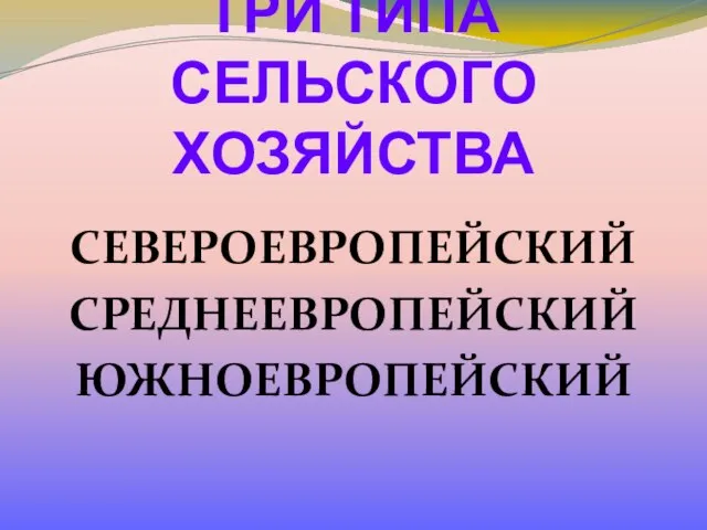 ТРИ ТИПА СЕЛЬСКОГО ХОЗЯЙСТВА СЕВЕРОЕВРОПЕЙСКИЙ СРЕДНЕЕВРОПЕЙСКИЙ ЮЖНОЕВРОПЕЙСКИЙ