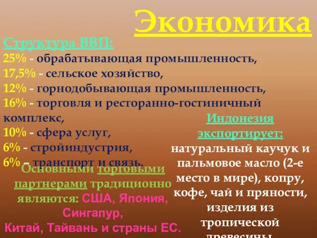 Структура ВВП: 25% - обрабатывающая промышленность, 17,5% - сельское хозяйство, 12%