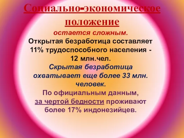 остается сложным. Открытая безработица составляет 11% трудоспособного населения - 12 млн.чел.