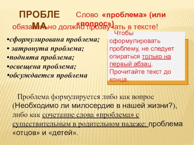 обязательно должно прозвучать в тексте! сформулирована проблема; затронута проблема; поднята проблема;