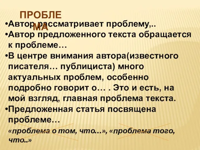 Автор рассматривает проблему,.. Автор предложенного текста обращается к проблеме… В центре