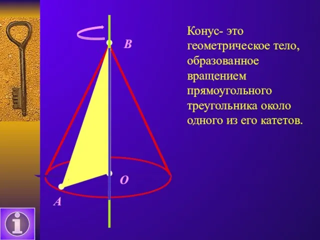 А О В Конус- это геометрическое тело, образованное вращением прямоугольного треугольника около одного из его катетов.