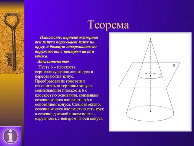 Теорема Плоскость, перпендикулярная оси конуса пересекает конус по кругу, а боковую