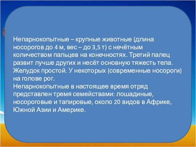 Непарнокопытные – крупные животные (длина носорогов до 4 м, вес –