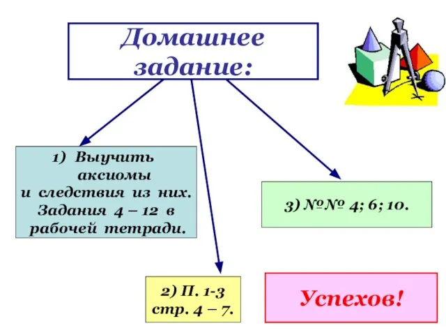 Домашнее задание: Выучить аксиомы и следствия из них. Задания 4 –