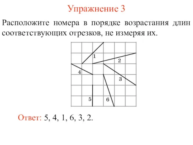 Упражнение 3 Расположите номера в порядке возрастания длин соответствующих отрезков, не