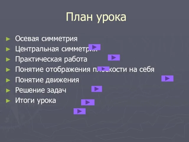 План урока Осевая симметрия Центральная симметрия Практическая работа Понятие отображения плоскости