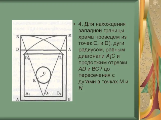 4. Для нахождения западной границы храма проведем из точек С, и