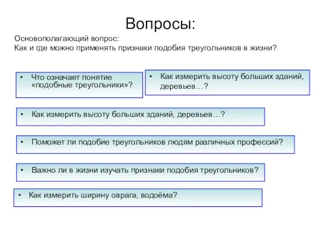 Вопросы: Что означает понятие «подобные треугольники»? Основополагающий вопрос: Как и где