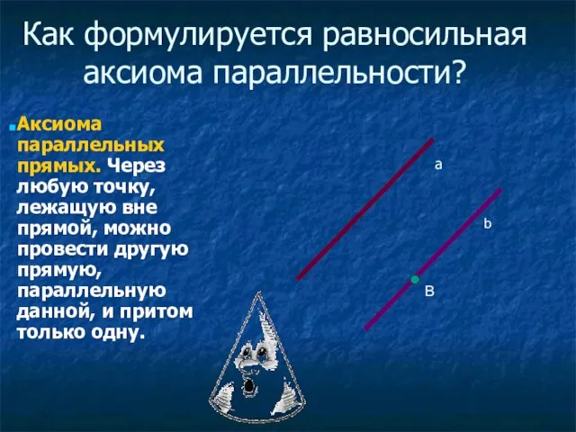 Как формулируется равносильная аксиома параллельности? Аксиома параллельных прямых. Через любую точку,