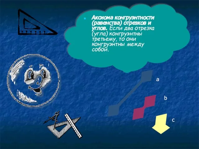 а Аксиома конгруэнтности (равенства) отрезков и углов. Если два отрезка (угла)