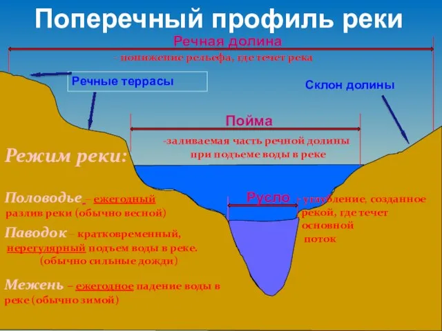 Русло Пойма Речная долина Речные террасы Склон долины заливаемая часть речной