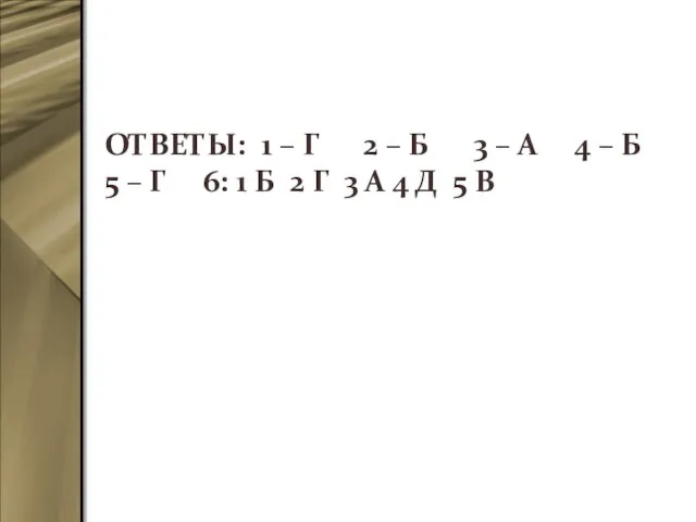 ОТВЕТЫ: 1 – Г 2 – Б 3 – А 4