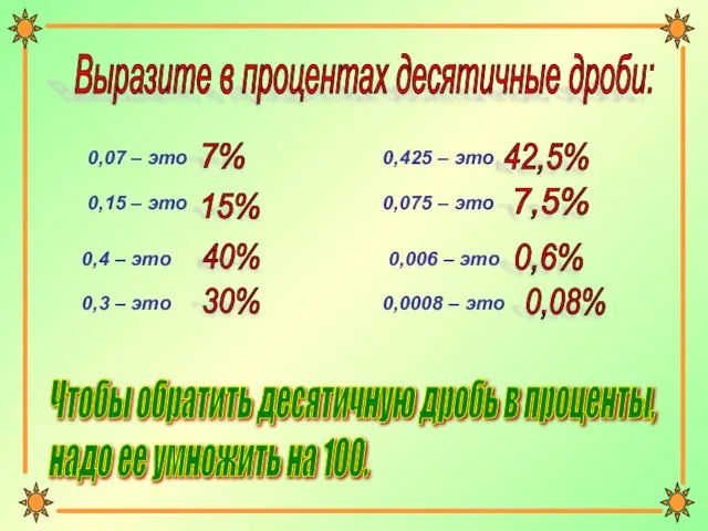 Выразите в процентах десятичные дроби: 0,07 – это 7% 0,15 –