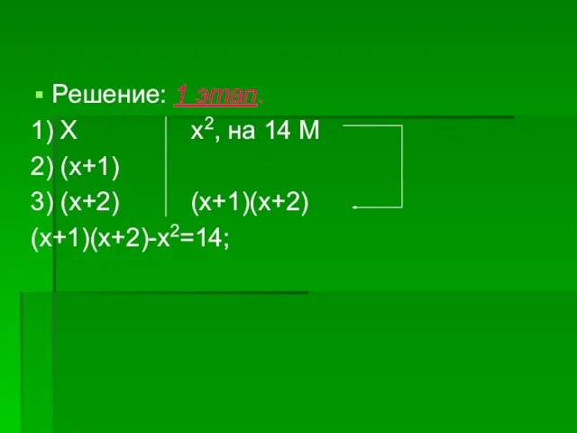 Решение: 1 этап. 1) X x2, на 14 М 2) (x+1) 3) (x+2) (x+1)(x+2) (x+1)(x+2)-x2=14;