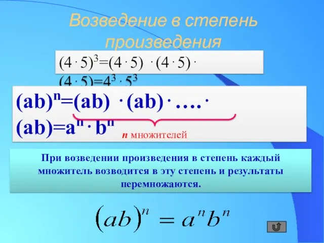 Возведение в степень произведения (45)3=(45)(45)(45)=4353 При возведении произведения в степень каждый