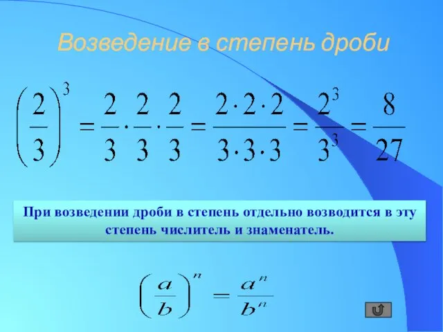 Возведение в степень дроби При возведении дроби в степень отдельно возводится