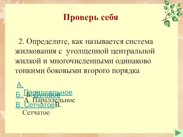 Проверь себя 2. Определите, как называется система жилкования с утолщенной центральной