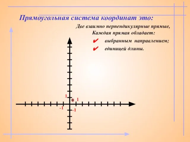 Прямоугольная система координат это: Две взаимно перпендикулярные прямые, Каждая прямая обладает: выбранным направлением; единицей длины.