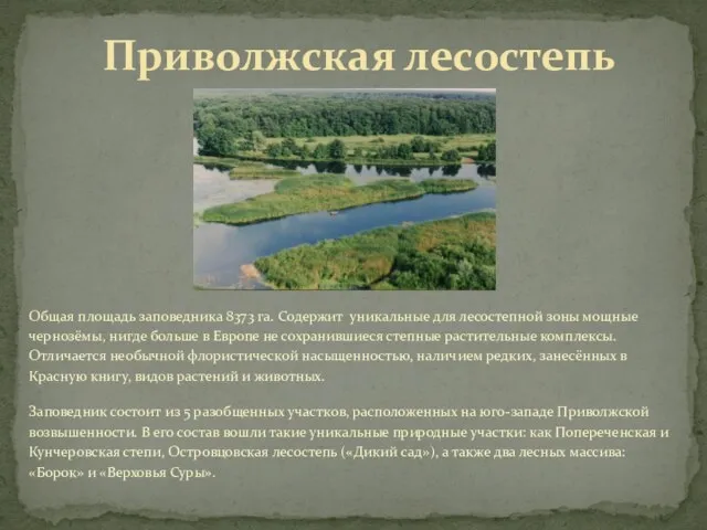 Общая площадь заповедника 8373 га. Содержит уникальные для лесостепной зоны мощные