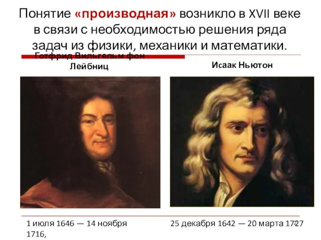 Понятие «производная» возникло в XVII веке в связи с необходимостью решения