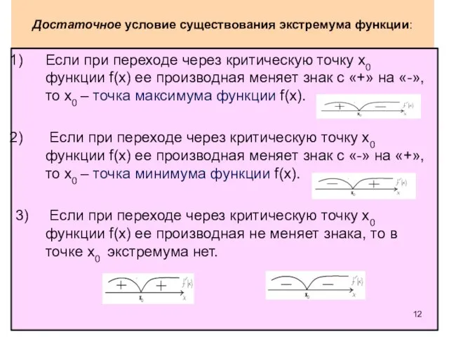 Достаточное условие существования экстремума функции: Если при переходе через критическую точку