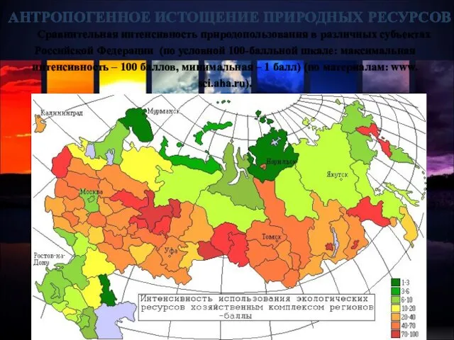 Сравнительная интенсивность природопользования в различных субъектах Российской Федерации (по условной 100-балльной