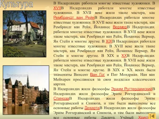 Культура В Нидерландах работали многие известные художники. В XVIIВ Нидерландах работали