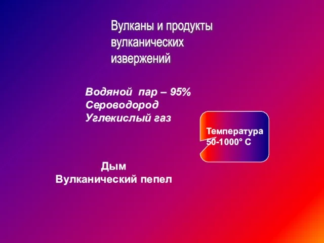 Вулканы и продукты вулканических извержений Водяной пар – 95% Сероводород Углекислый