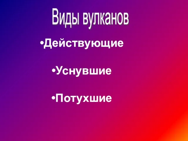 Виды вулканов Действующие Уснувшие Потухшие