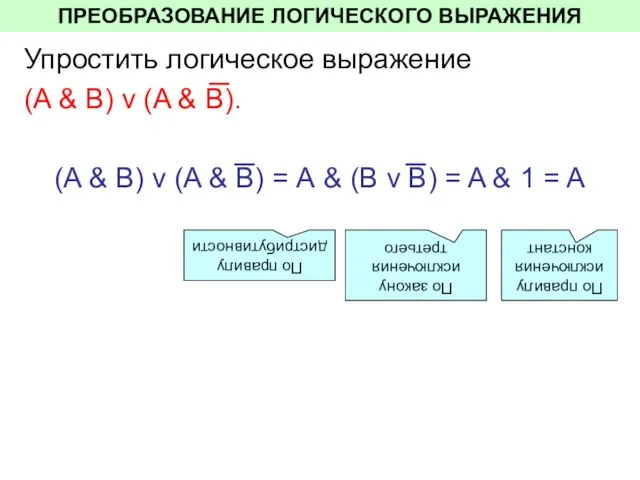 ПРЕОБРАЗОВАНИЕ ЛОГИЧЕСКОГО ВЫРАЖЕНИЯ Упростить логическое выражение (A & В) v (A