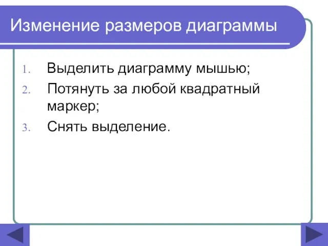 Изменение размеров диаграммы Выделить диаграмму мышью; Потянуть за любой квадратный маркер; Снять выделение.