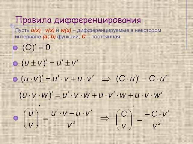 Правила дифференцирования Пусть u(x) , v(x) и w(x) – дифференцируемые в