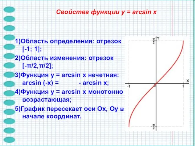 Свойства функции y = arcsin x 1)Область определения: отрезок [-1; 1];