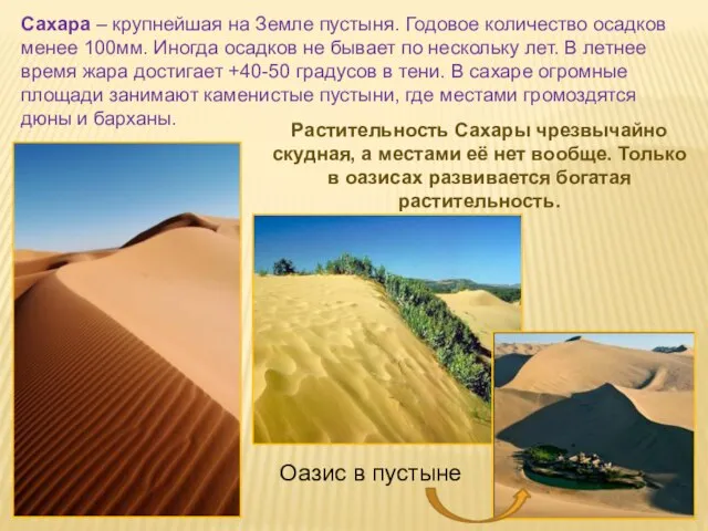 Сахара – крупнейшая на Земле пустыня. Годовое количество осадков менее 100мм.