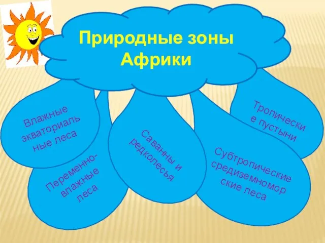 Тропические пустыни Субтропические средиземноморские леса Переменно-влажные леса Влажные экваториальные леса Саванны и редколесья Природные зоны Африки