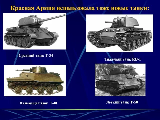 Красная Армия использовала тоже новые танки: Средний танк Т-34 Тяжелый танк