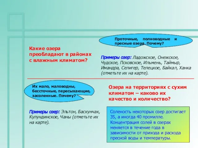 Какие озера преобладают в районах с влажным климатом? Проточные, полноводные и