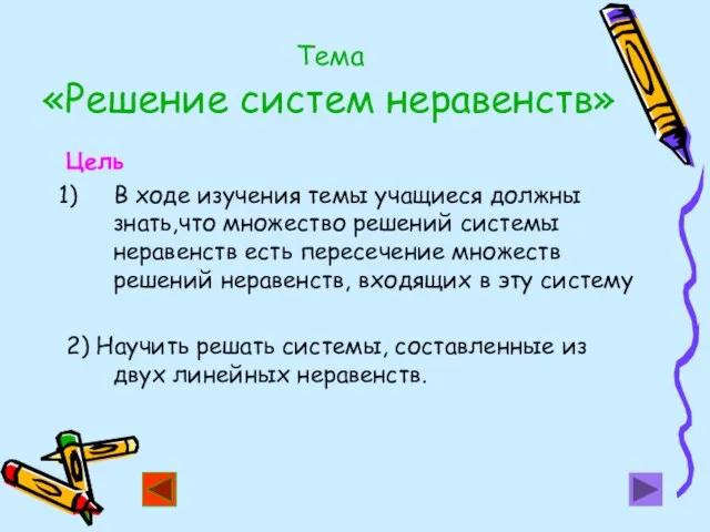 Тема «Решение систем неравенств» Цель В ходе изучения темы учащиеся должны