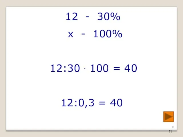 12 - 30% х - 100% 12:30 ∙ 100 = 40 12:0,3 = 40