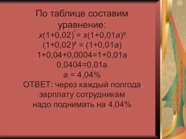 По таблице составим уравнение: х(1+0,02) = х(1+0,01а)² (1+0,02)² = (1+0,01а) 1+0,04+0,0004=1+0,01а