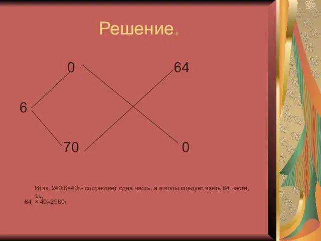 Решение. 0 64 6 70 0 Итак, 240:6=40г.- составляет одна часть,