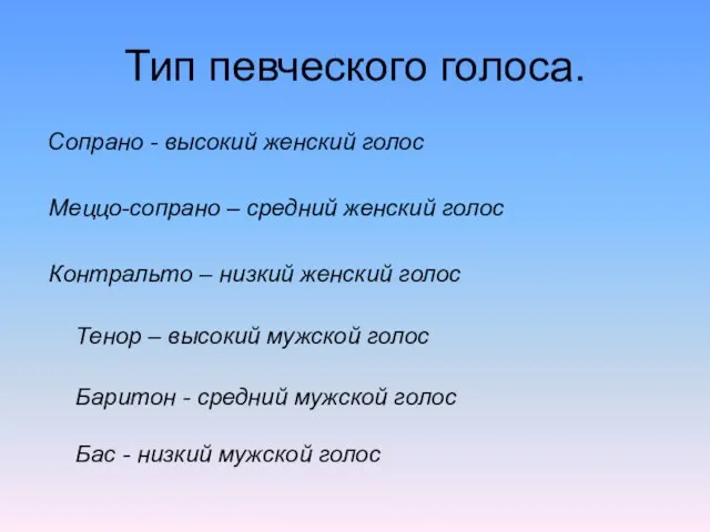 Тип певческого голоса. Сопрано - высокий женский голос Меццо-сопрано – средний