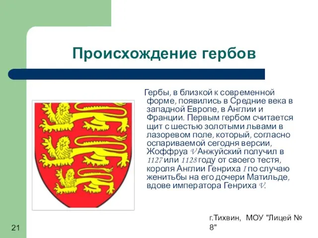 г.Тихвин, МОУ "Лицей № 8" Происхождение гербов Гербы, в близкой к