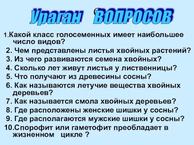 С 1.Какой класс голосеменных имеет наибольшее число видов? 2. Чем представлены